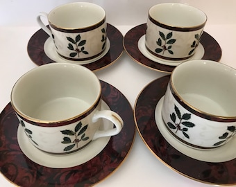RARE Vintage 8 PC set of 4 tea cups  and 4 saucers in a Holly pattern  by Sakura for Hallmark- Christmas Holiday Tea Cups Coffee Cups