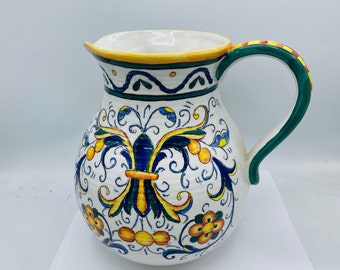 Vintage Tuscany Geometric Floral Design Decorative Ceramic Pitcher 10" Tall- Chip Free Large Size