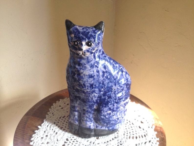 Vintage Blue and White Ceramic Cat Figurine Display Piece Etsy