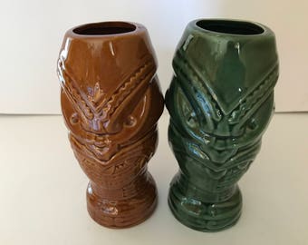 Vintage Pair Tiki Cups- Brown and Green Ceramic