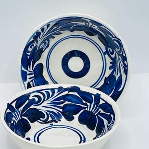 Vintage (2) Mexican Pottery Cobalt Blue Hand Painted Bowls Talavera  Mexico Folk Art  -6&quot;