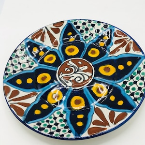 VIntage Mexican Talavera Pottery Plate-Beautiful for Display-Signed Mexico-Hand Made-Decorative-Cobalt Blue and Yellow- Bright Colors
