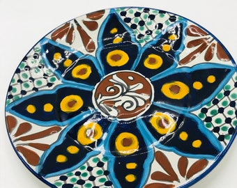 VIntage Mexican Talavera Pottery Plate-Beautiful for Display-Signed Mexico-Hand Made-Decorative-Cobalt Blue and Yellow- Bright Colors