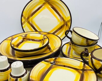 Vintage 18 PC set "Organdie" Metlox Vernon Ware Dinner Plates tea cups saucers and Creamer Bowls  Salad Plates- Brown Yellow- Retro- 1950's
