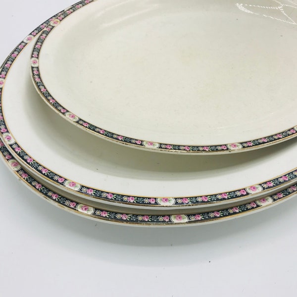 Vintage W. S. George Derwood  Daisy Rose Oval Platter  Set of Three- Turkey Platters- Black Rose and Gold trim