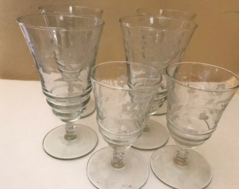 Vintage Set of (6)  Rock Sharpe " Roselle"  Libbey Etched Wine Water Glasses (2) Cordial Floral Rib band Design Mid Century