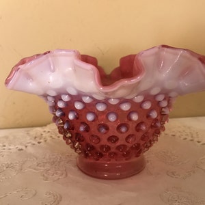 Vintage Fenton Hobnail Cranberry Pink glass Basket with White Ruffled Rim circa 1950&#39;s
