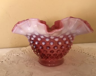 Vintage Fenton Hobnail Cranberry Pink glass Basket with White Ruffled Rim circa 1950's