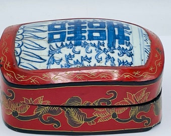 Rare Antique Chinese Lacquered Wood Tea or Opium box with Porcelain insert.