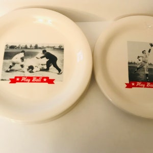 Vintage Set of (4)  Pottery Barn  Baseball Snack Plates Vintage Photos White Stoneware 8in