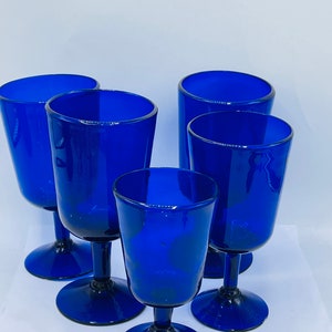 Vintage Set of large 5 Cobalt Blue Wine Margarita Goblets Water Glasses-Blown glass-Recycled Glass Mexico image 1