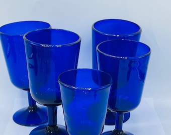 Vintage Set of large (5) Cobalt Blue Wine Margarita Goblets Water Glasses-Blown glass-Recycled Glass Mexico