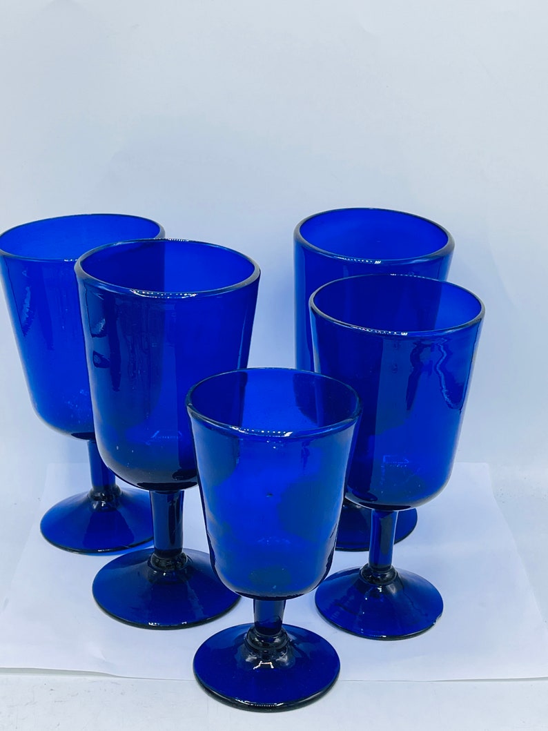 Vintage Set of large 5 Cobalt Blue Wine Margarita Goblets Water Glasses-Blown glass-Recycled Glass Mexico image 1