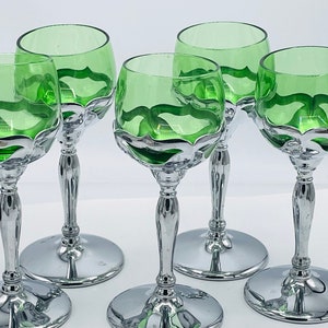 Vintage set of (5) Art Deco Farberware Chrome Aperitif Cordial Cocktail - Cambridge Glass  Green Glass-