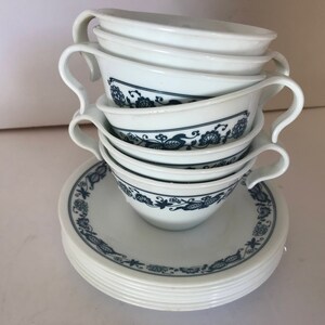 Vintage 7 Sets of Old Town Blue Onion Pattern Correlle Tea Cups and Saucers image 6