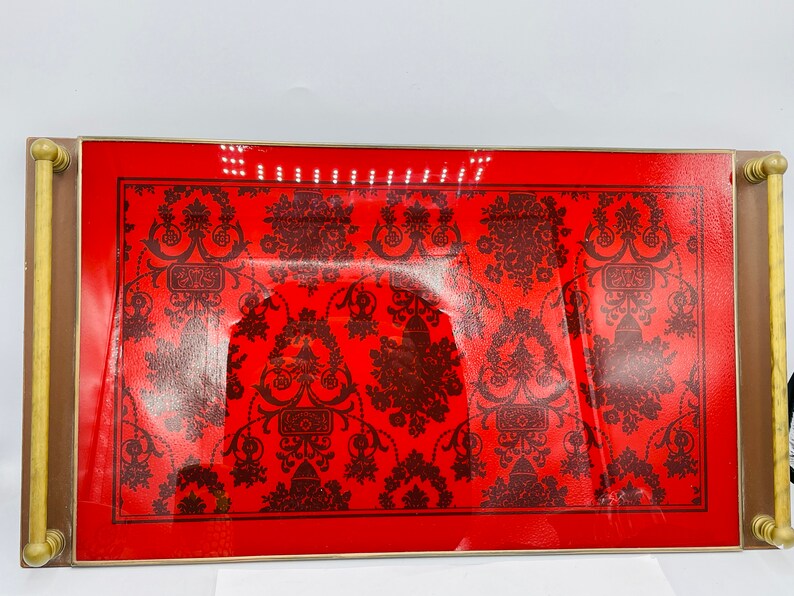 Vintage Glass Brass Handled Dresser Table Tray Red and Black Nordstroms 10 3/4 X 9.5 Asian Style image 4