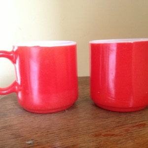 Vintage Pair of Red Textured Milk Glass Coffee Mugs image 1