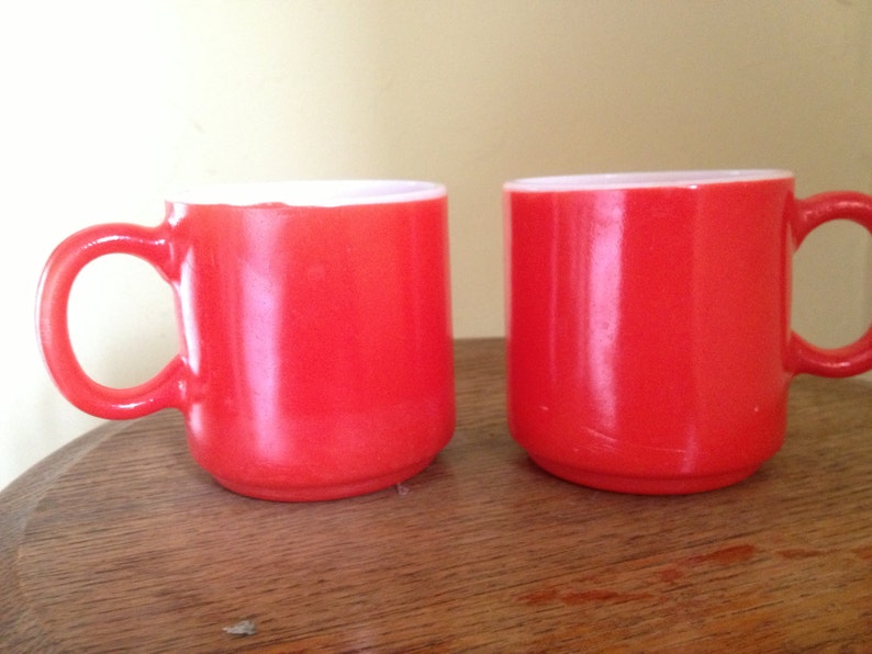 Vintage Pair of Red Textured Milk Glass Coffee Mugs image 1