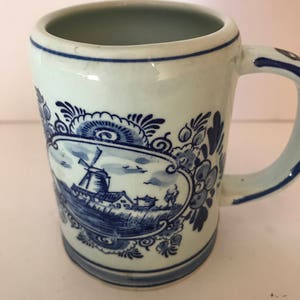 Vintage Blue Delftsblaum Beer Small Stein Coffee Mug Clipper Ship Windmill 4 tall Great Condition-Hand Painted image 1