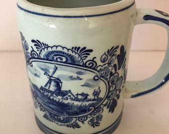 Vintage Blue Delftsblaum Beer Small Stein Coffee Mug Clipper Ship- Windmill-  4" tall- Great Condition-Hand Painted