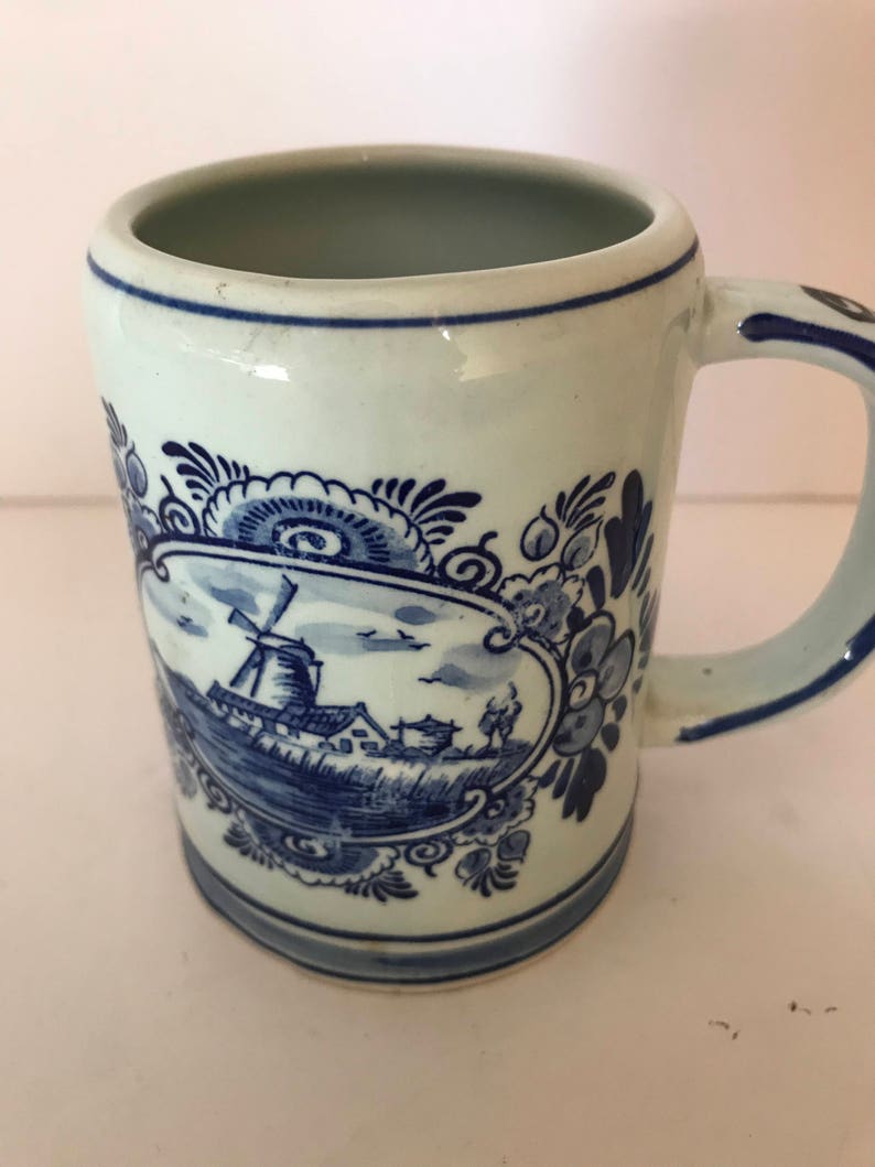 Vintage Blue Delftsblaum Beer Small Stein Coffee Mug Clipper Ship Windmill 4 tall Great Condition-Hand Painted image 1