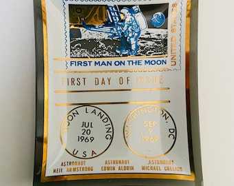 First Man on the Moon First Day Of Issue Bent Glass Tray Ashtray