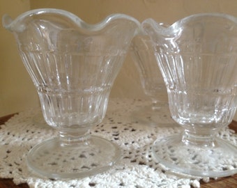 Unique Set of four pedestal Sherbet or Sunday ice cream dishes with Scalloped Rib Rectangle Design