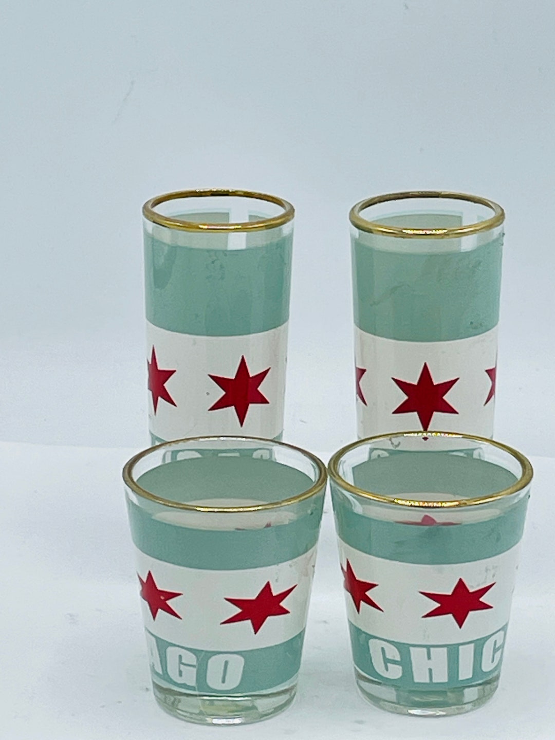 Set of Four Souvenir Chicago SHOT GLASSES Aqua and Red Star Mint Etsy