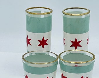 Set of four Souvenir Chicago SHOT GLASSES   - Aqua and Red Star- Mint