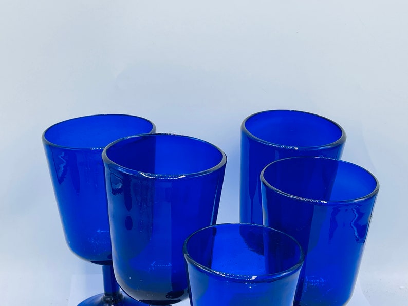 Vintage Set of large 5 Cobalt Blue Wine Margarita Goblets Water Glasses-Blown glass-Recycled Glass Mexico image 2