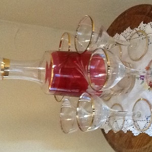 Vintage Cranberry etched glass Decanter with 6 WIne/Sherry Gold Trim Glasses image 1