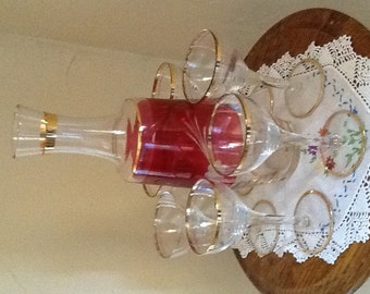 Vintage Cranberry etched  glass Decanter with (6) WIne/Sherry Gold Trim Glasses
