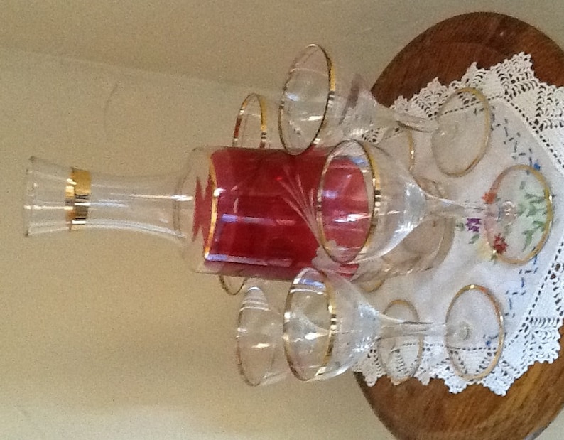 Vintage Cranberry etched glass Decanter with 6 WIne/Sherry Gold Trim Glasses image 1