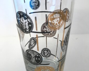 Vintage Mid Century Black and Gold  Coin Dot glass tumbler- Libbey-  Decal design