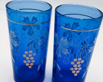 Vintage  Pair Cobalt Blue Glass Juice Tumblers with white and gold floral grape design.