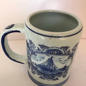 Vintage Blue Delftsblaum Beer Small Stein Coffee Mug Clipper Ship Windmill 4 tall Great Condition-Hand Painted image 3