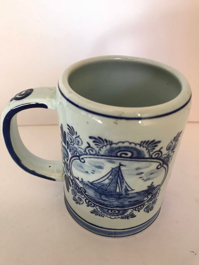 Vintage Blue Delftsblaum Beer Small Stein Coffee Mug Clipper Ship Windmill 4 tall Great Condition-Hand Painted image 3