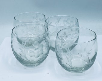 Vintage set of Four Old Fashioned Rolly Poly Glasses Etched Flowers- Great Condition