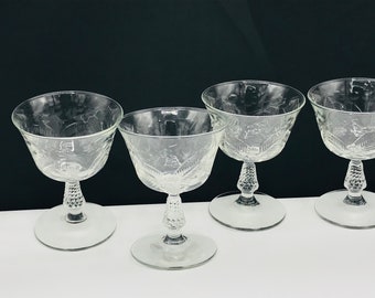 Vintage Set of (4)  Etched  Coupe Sherbet Glasses-Floral Twisted Stem- Great Condition