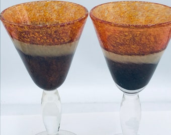 Handblown Glass Wine Glasses Goblets Glass Set of two Orange Brown Bohemian