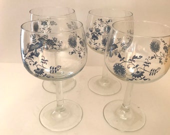 Vintage set of four (4) Blue Danube,  Wine Goblets, 6 1/2" Glass Stem, Onion Pattern - France- Nice condition- 10 ounces