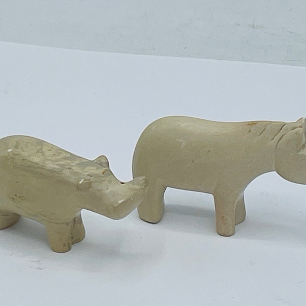 Vintage Soapstone Hand Carved Rhinoceros and Hippo Figures