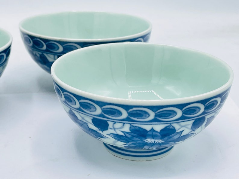 vintage 6 PC de bols de riz asiatique bleu, vert clair avec un joli design 4.5 X 2.5 image 5