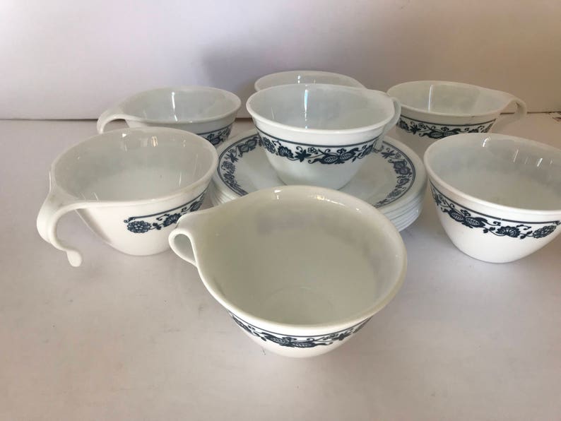 Vintage 7 Sets of Old Town Blue Onion Pattern Correlle Tea Cups and Saucers image 1