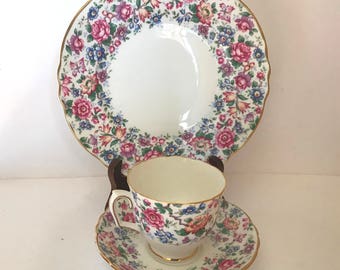 CROWN Vintage Staffordshire (3) Piece Tea Cup,  Saucer and Desert plate Set Chintz "Springtime" Floral with Gold Trim.