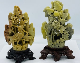 Wonderful Pair of Antique Asian  soapstone Floral Carvings  on a Soapstone Base- 7 1/4" China