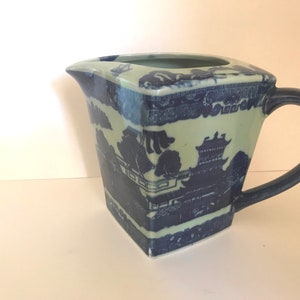 Vintage Flow Blue and White Transferware Pitcher Square Unusual image 3