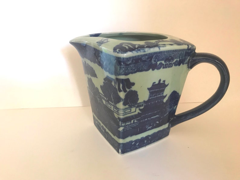 Vintage Flow Blue and White Transferware Pitcher Square Unusual image 3