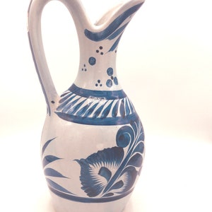 Vintage Beautiful Large 14&quot;  Mexican Folk Art Pottery Tonala Blue Bird Urn Style Pitcher is Mexico and initialed