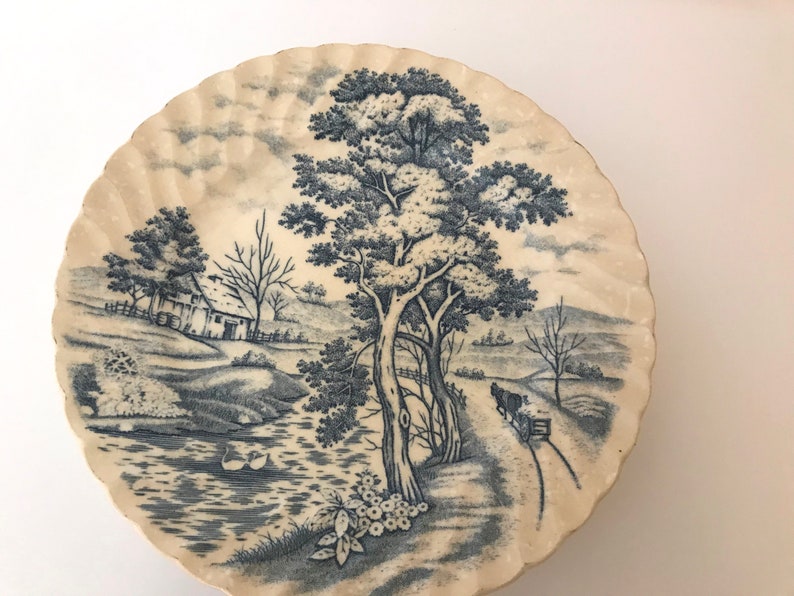 Blue River Blue and White Transfer ware Bread Salad Plate-Nasco Vintage 5 Made In Japan -English Countryside Scene-7 Diameter